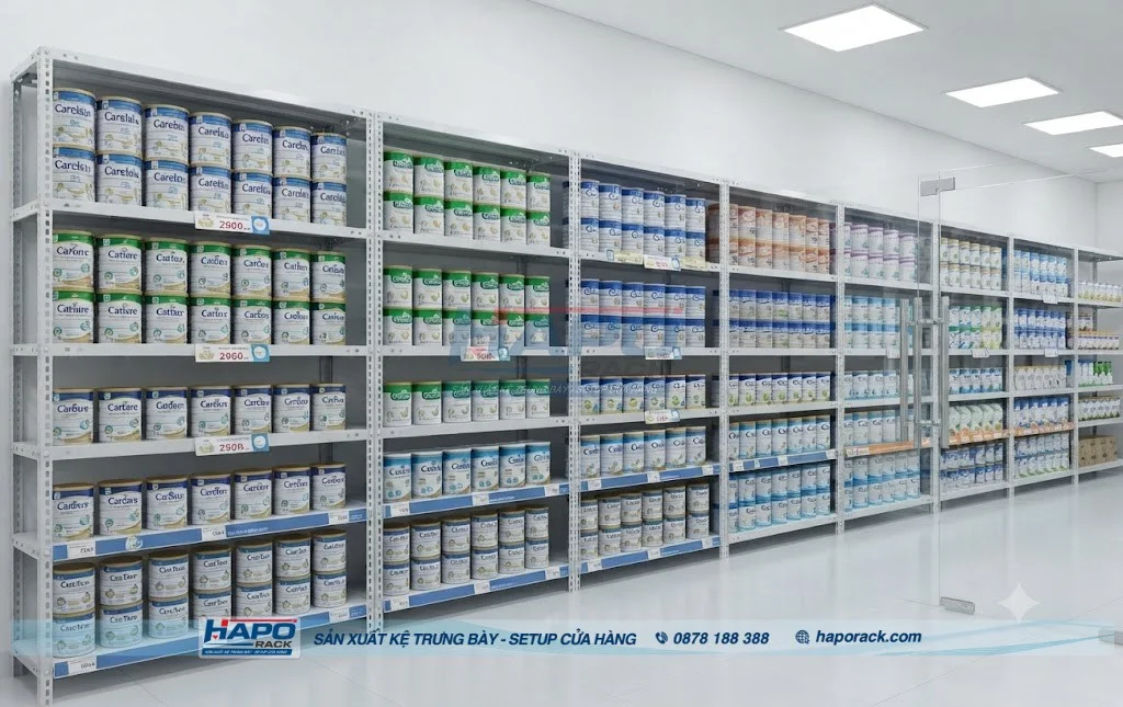 Kệ Trưng Bày Sữa Bột Cho Shop: Các Mẫu Đẹp, Bền Và Dễ Sắp Xếp