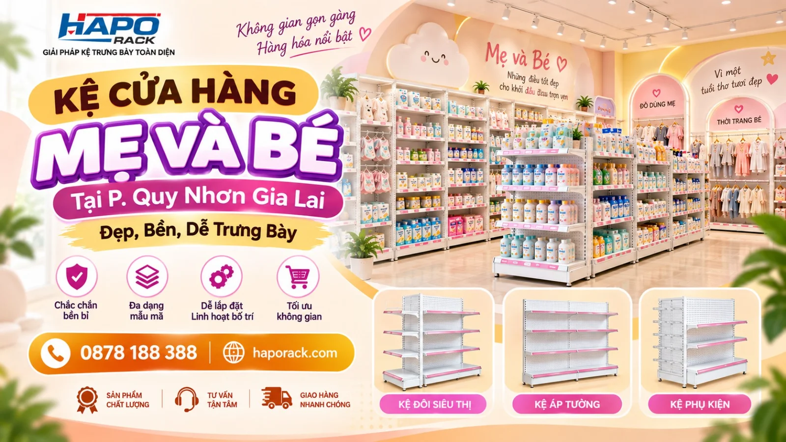 Lắp Đặt Kệ Cửa Hàng Mẹ Và Bé Tại P. Quy Nhơn Gia Lai – Hiện Đại, Chắc Chắn, Tối Ưu Không Gian
