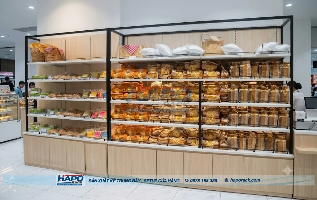 Mẫu Kệ Bánh Mì Khay Gỗ Đẹp Mắt, Dễ Lấy Bánh Cho Tiệm Và Siêu Thị