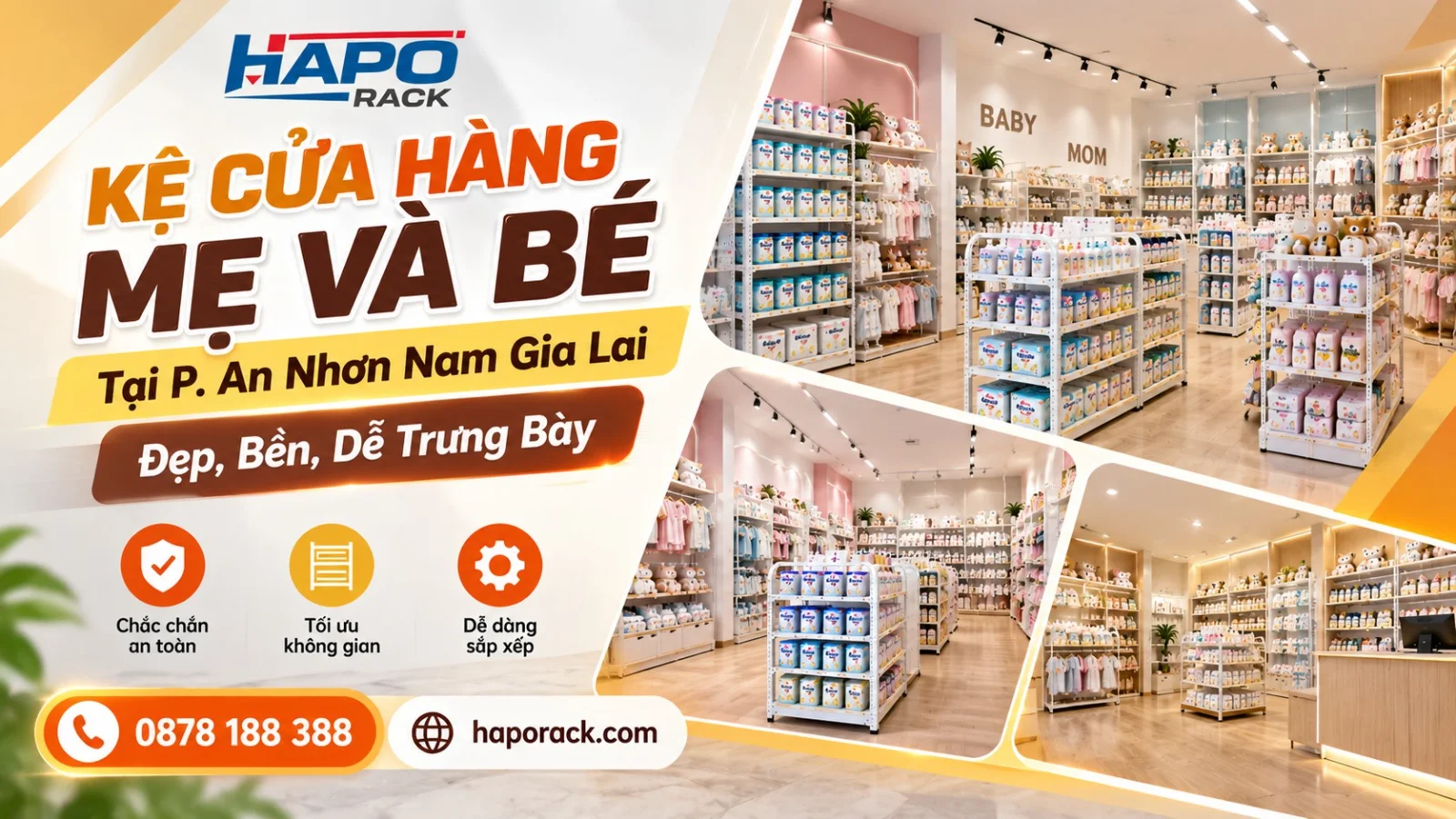Sản Xuất Kệ Cửa Hàng Mẹ Và Bé Tại P. An Nhơn Nam Gia Lai – Gọn Đẹp, Tối Ưu Trưng Bày