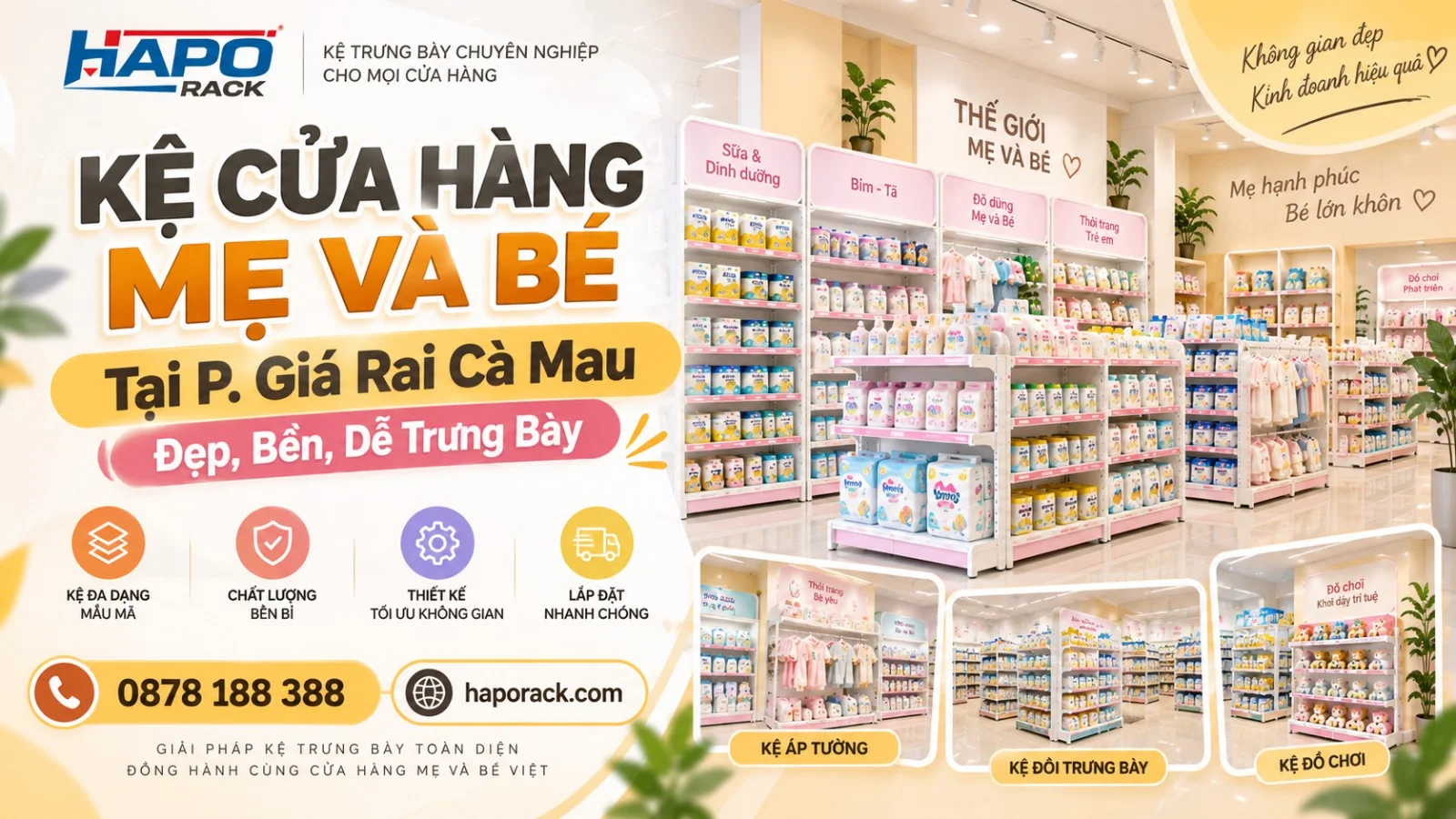 Sản Xuất Kệ Cửa Hàng Mẹ Và Bé Tại P. Giá Rai Cà Mau – Bền Đẹp, Dễ Trưng Bày
