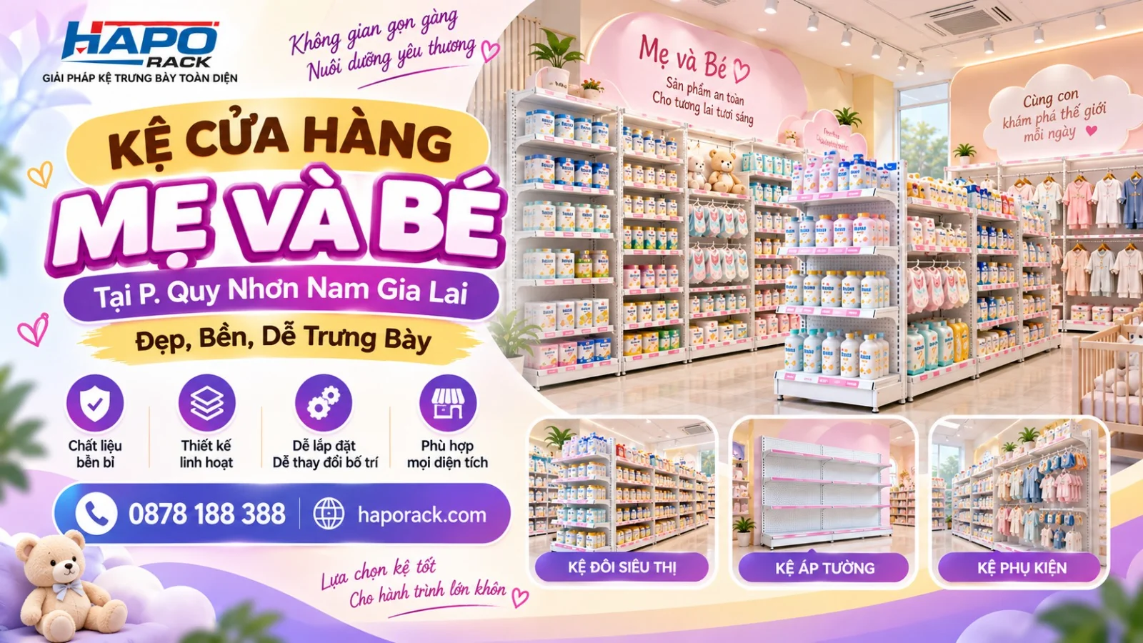 Sản Xuất Kệ Cửa Hàng Mẹ Và Bé Tại P. Quy Nhơn Nam Gia Lai – Chắc Chắn, Gọn Đẹp, Dễ Sắp Xếp