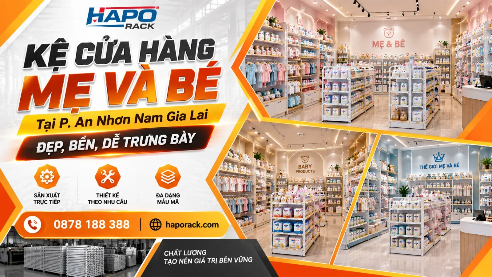Sản Xuất Kệ Shop Mẹ Và Bé Tại P. An Nhơn Nam Gia Lai – Bền Đẹp, Dễ Bố Trí