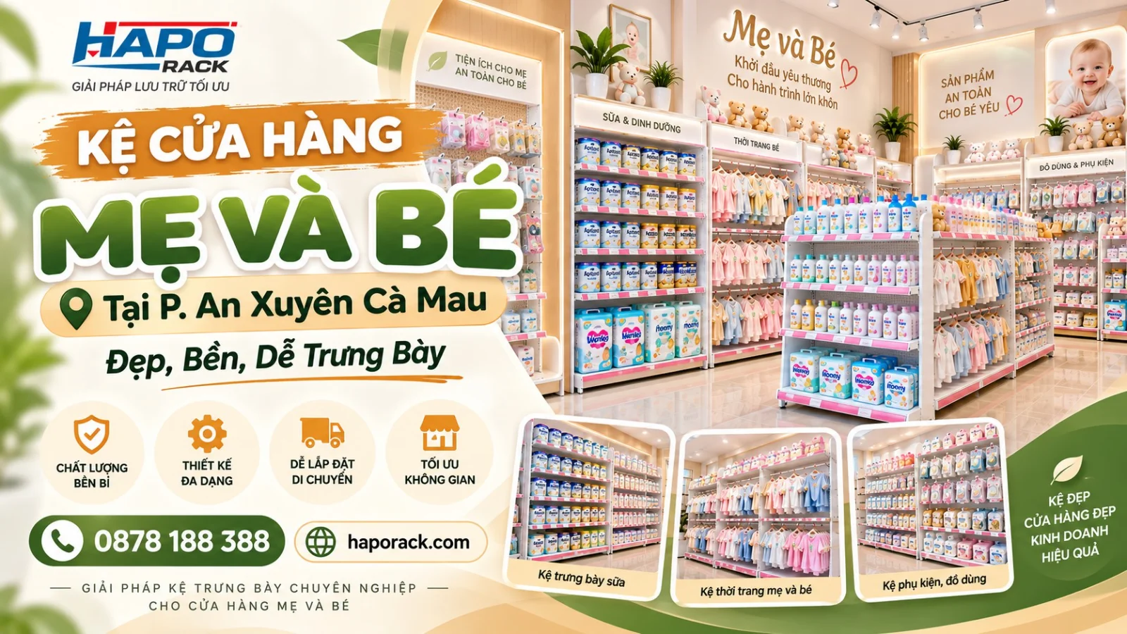 Sản Xuất Kệ Shop Mẹ Và Bé Tại P. An Xuyên Cà Mau – Bền Đẹp, Dễ Bố Trí