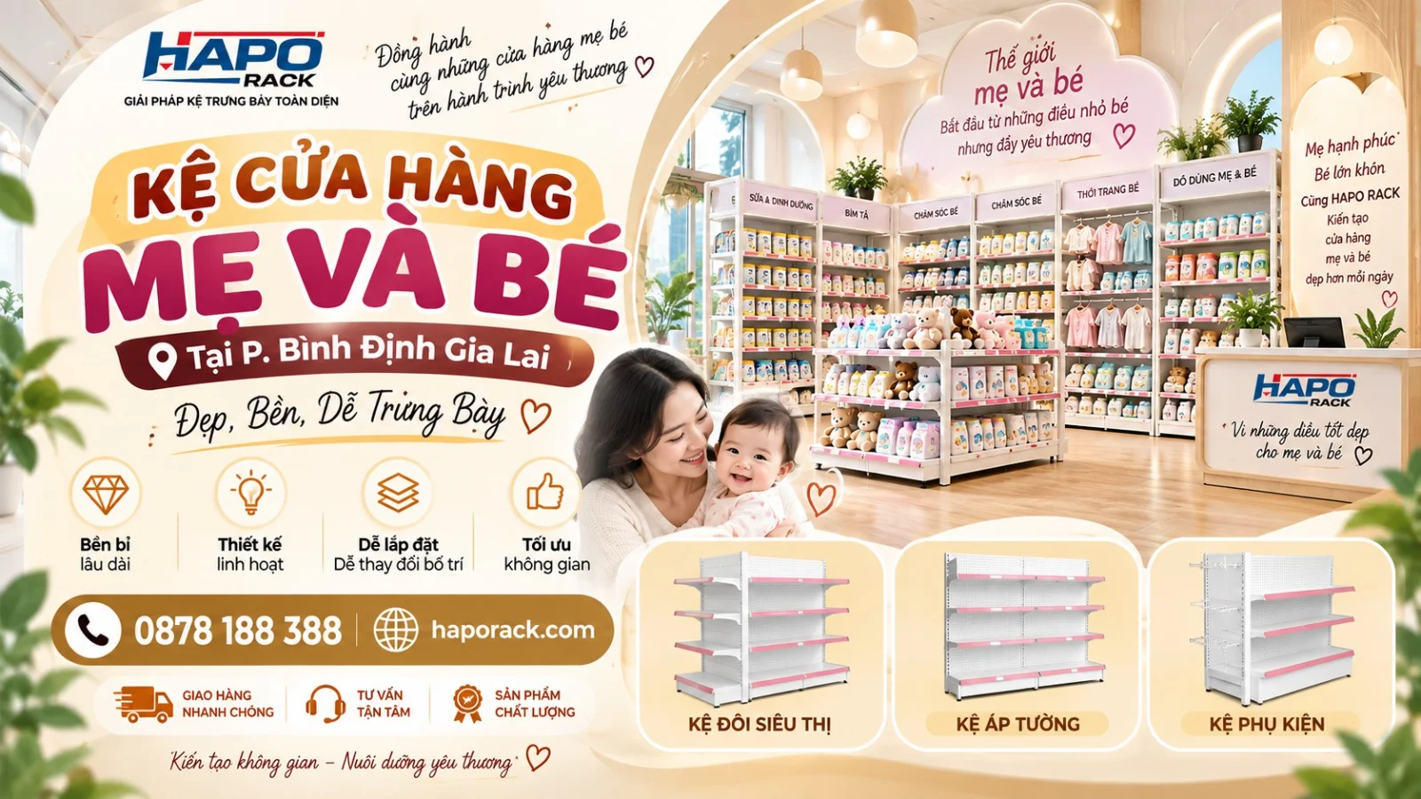 Sản Xuất Kệ Shop Mẹ Và Bé Tại P. Bình Định Gia Lai – Chắc Chắn, Dễ Bố Trí Hàng Hóa