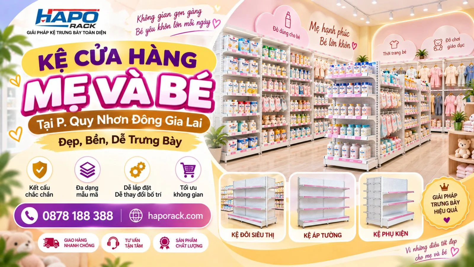Sản Xuất Kệ Shop Mẹ Và Bé Tại P. Quy Nhơn Đông Gia Lai – Bền Đẹp, Dễ Trưng Bày