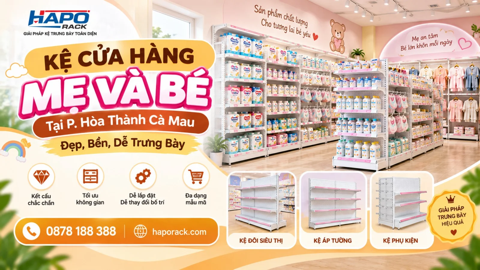 Thi Công Kệ Cửa Hàng Mẹ Và Bé Tại P. Hòa Thành Cà Mau – Bền Đẹp, Tối Ưu Trưng Bày