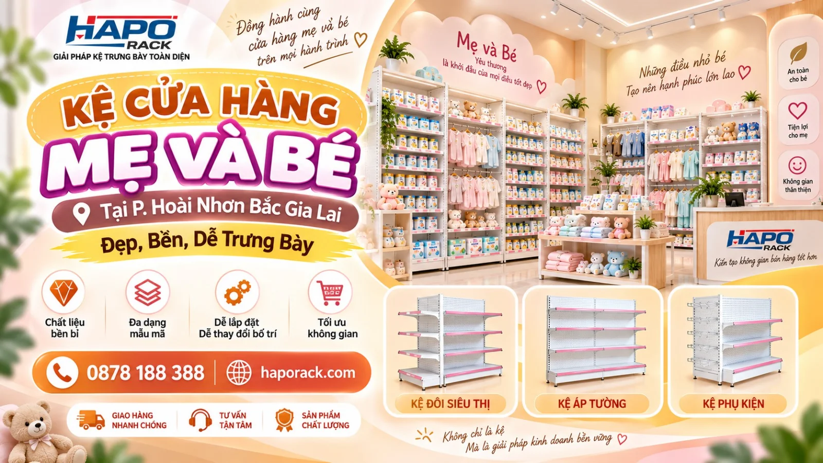 Thi Công Kệ Cửa Hàng Mẹ Và Bé Tại P. Hoài Nhơn Bắc Gia Lai – Gọn Đẹp, Dễ Trưng Bày