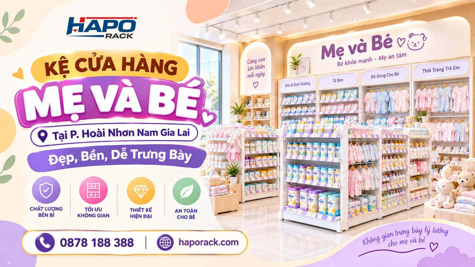 Thi Công Kệ Cửa Hàng Mẹ Và Bé Tại P. Hoài Nhơn Nam Gia Lai – Bền Đẹp, Dễ Sắp Xếp