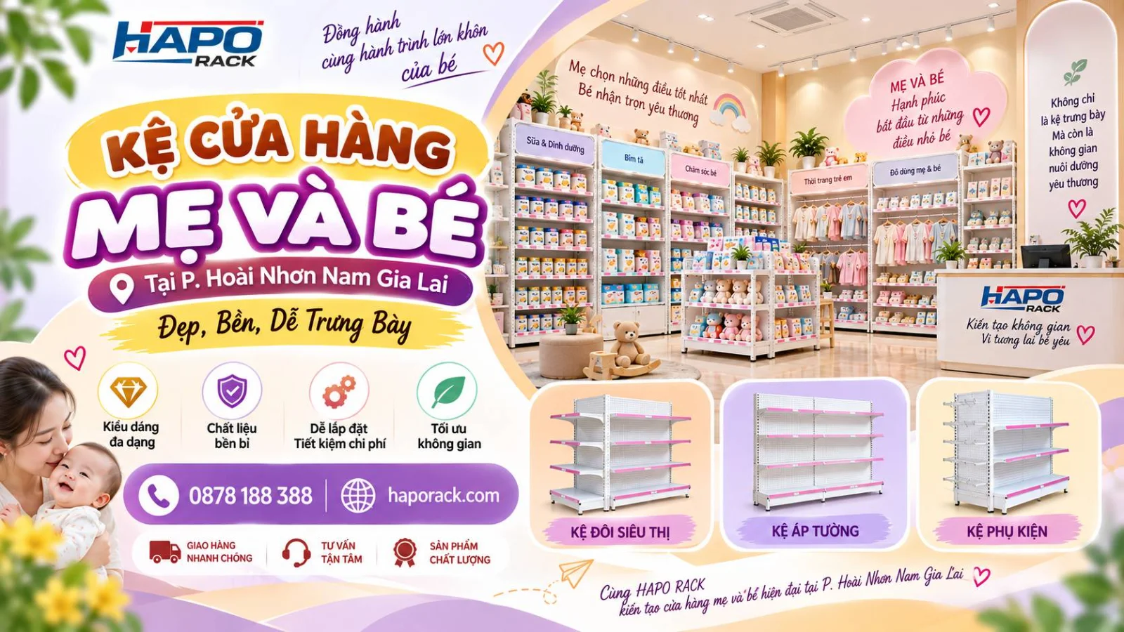 Thi Công Kệ Cửa Hàng Mẹ Và Bé Tại P. Hoài Nhơn Nam Gia Lai – Đẹp, Bền, Dễ Bố Trí