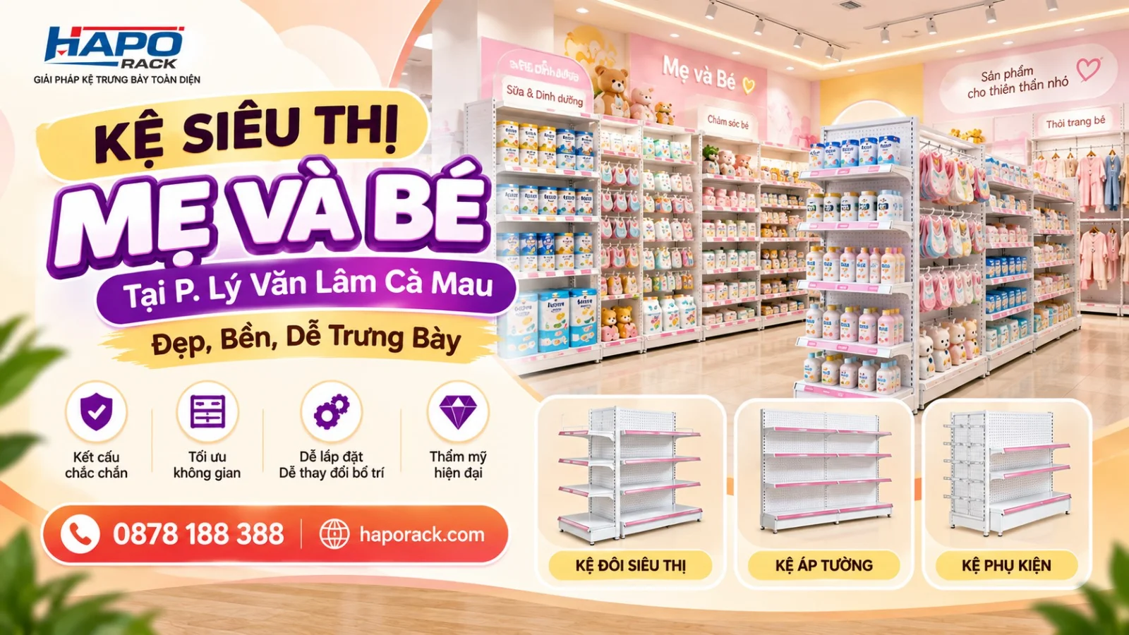 Thiết Kế Kệ Cửa Hàng Mẹ Và Bé Tại P. Lý Văn Lâm Cà Mau – Đẹp, Bền, Dễ Sắp Xếp