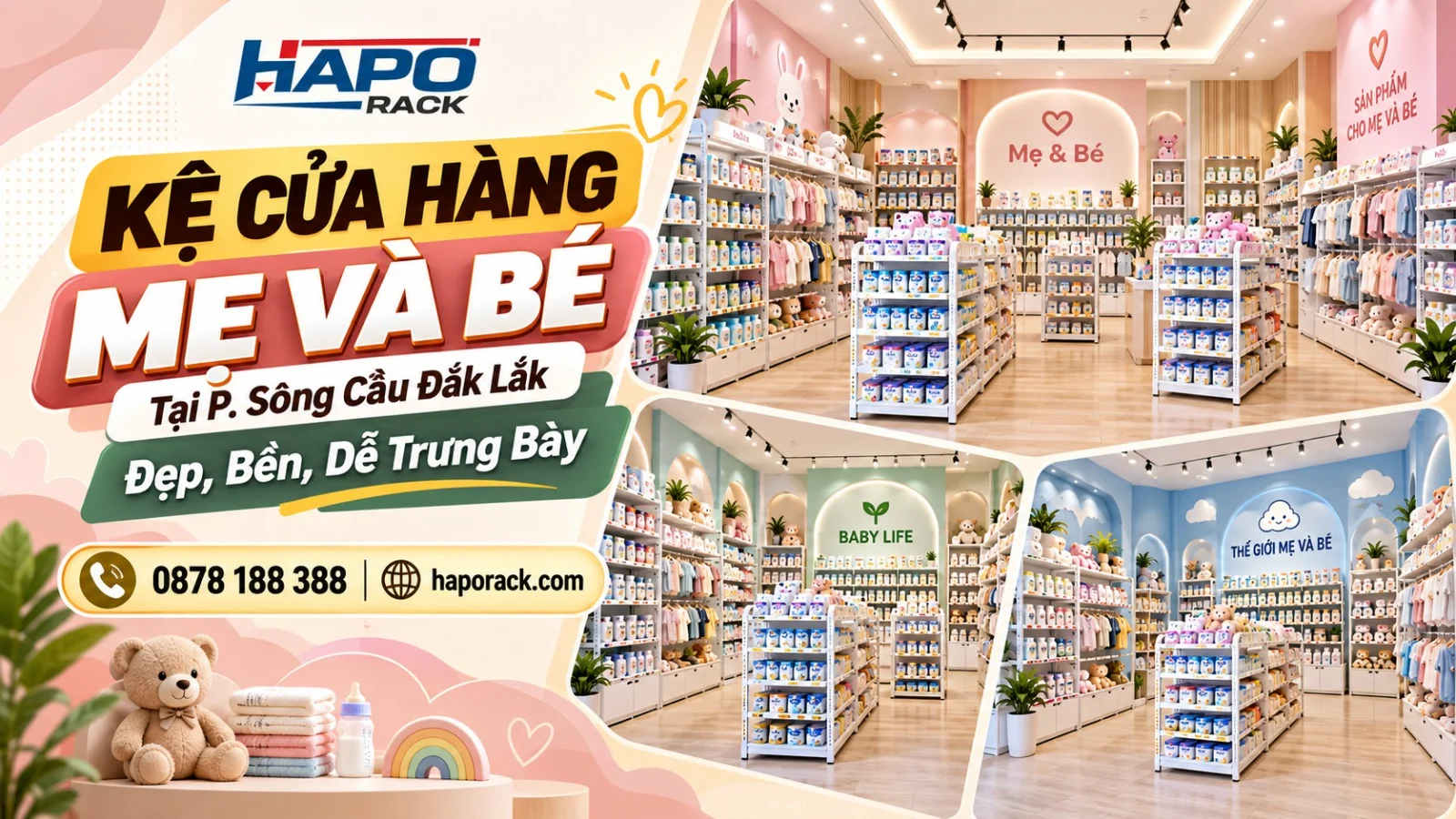 Thiết Kế Kệ Cửa Hàng Mẹ Và Bé Tại P. Sông Cầu Đắk Lắk – Hiện Đại, Dễ Bố Trí, Bền Chắc