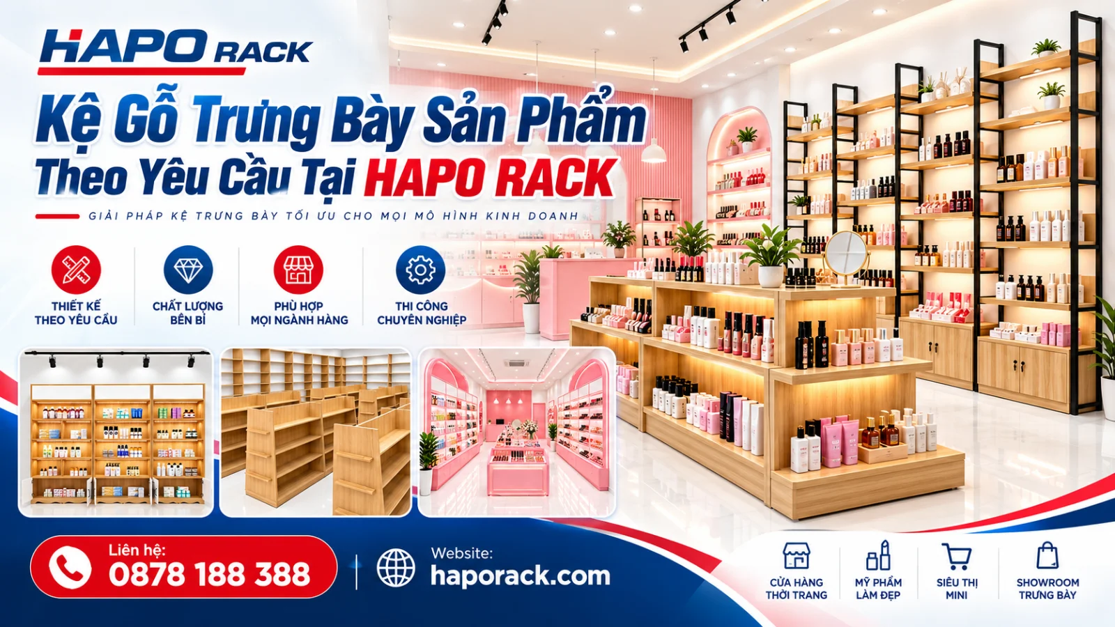 1. Kệ gỗ trưng bày sản phẩm theo yêu cầu tại HAPO RACK
