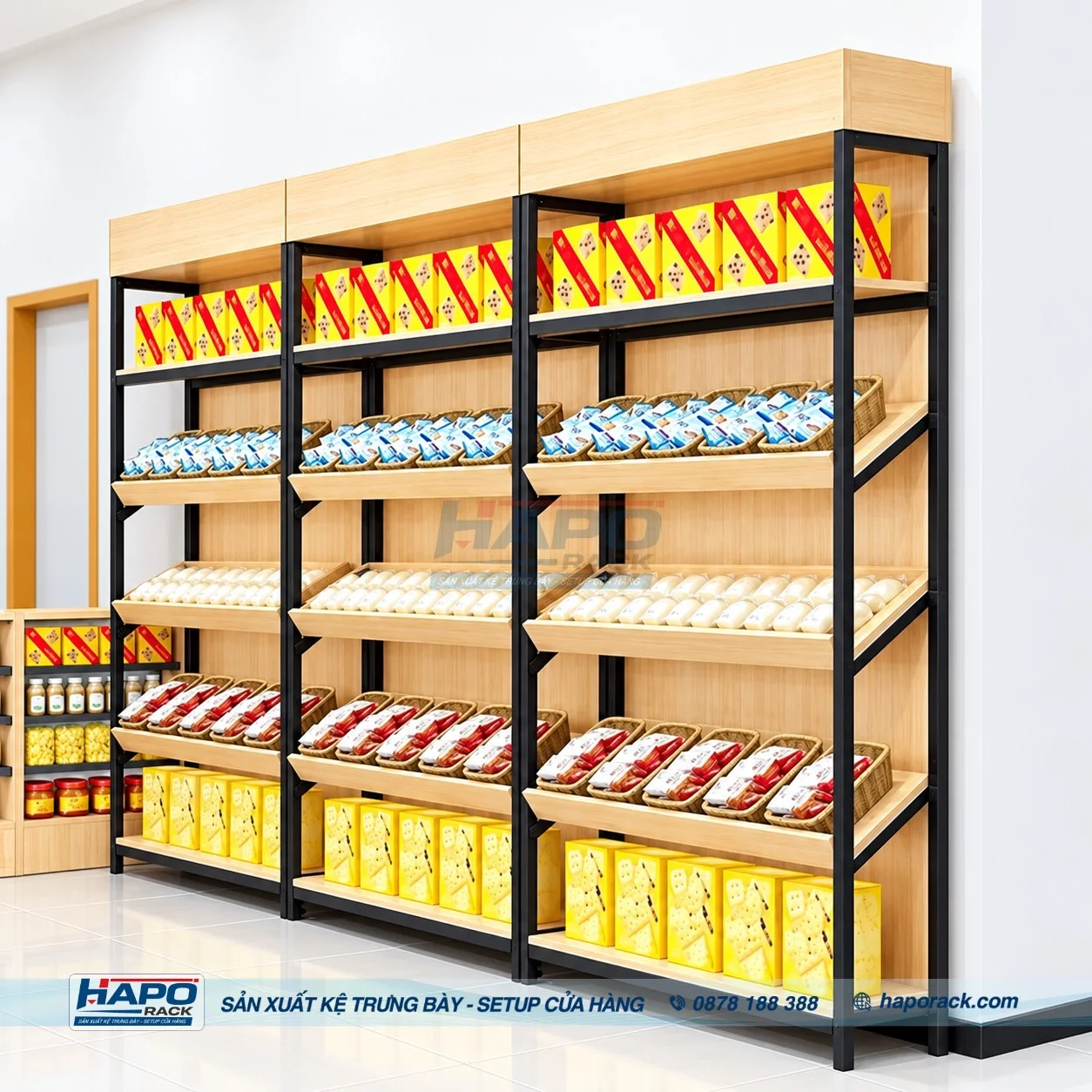 1. Kệ gỗ trưng bày sản phẩm theo yêu cầu tại HAPO RACK