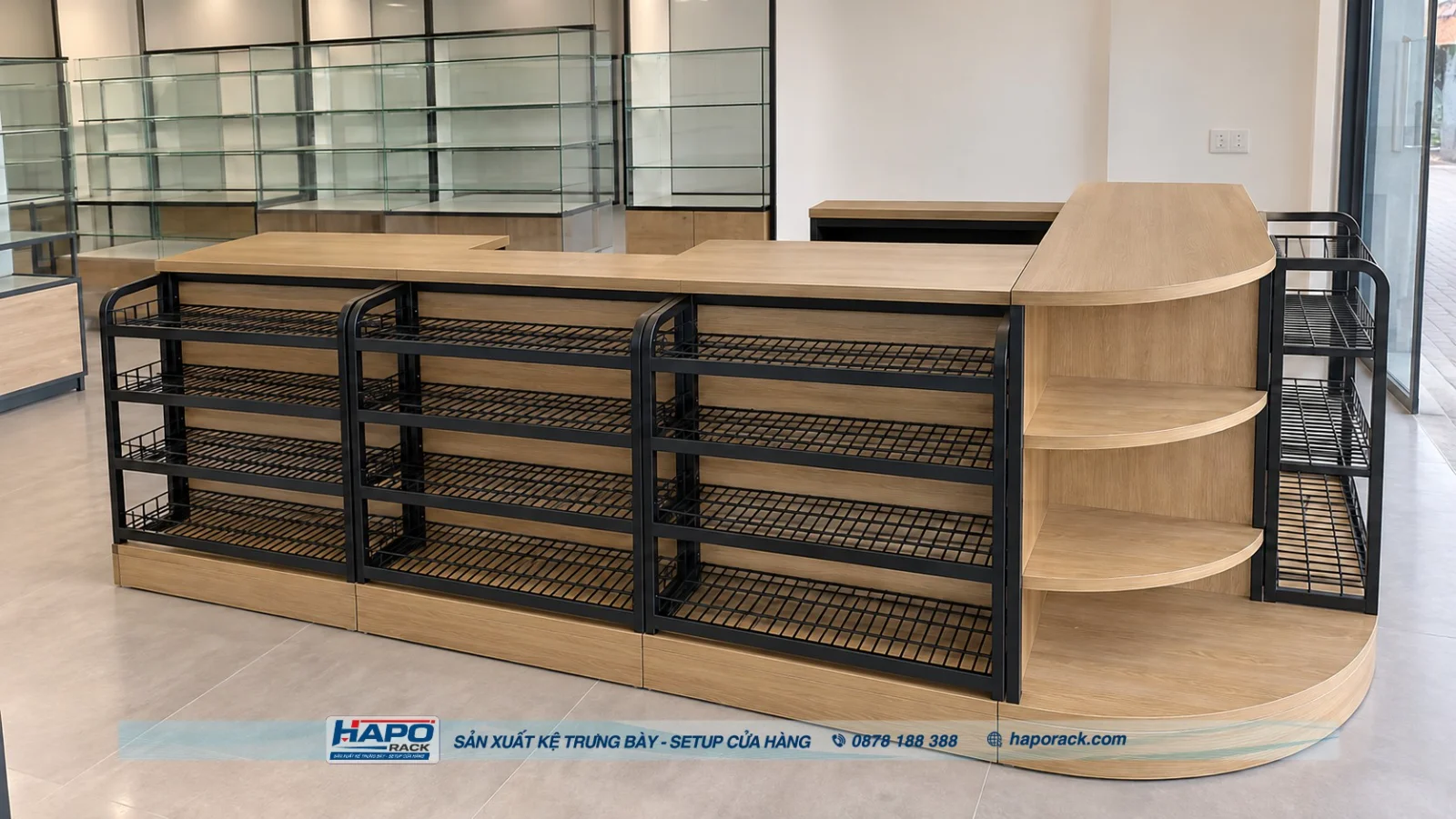 Bàn thu ngân gỗ cho cửa hàng tạp hóa.