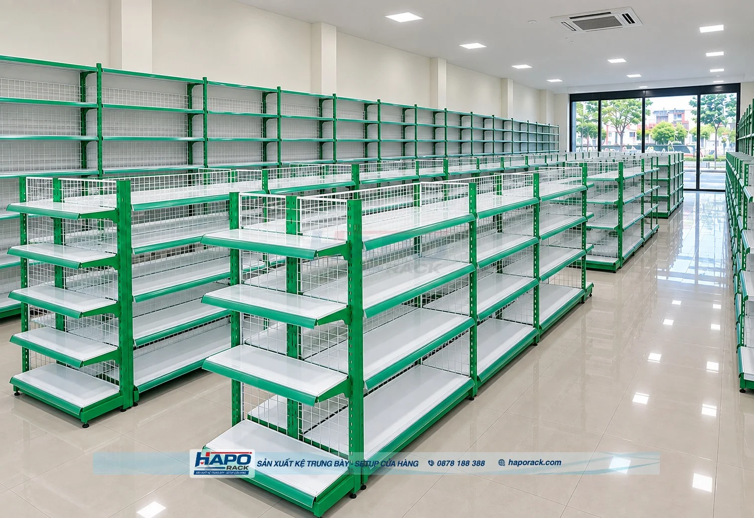 Bố trí kệ siêu thị kết hợp lối đi mua sắm