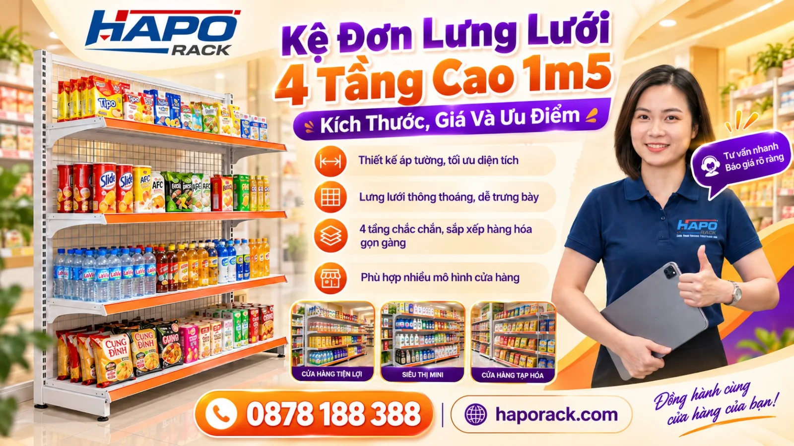 Kệ Áp Tường Lưng Lưới 4 Tầng Cao 1m5 – Ưu Điểm Và Báo Giá