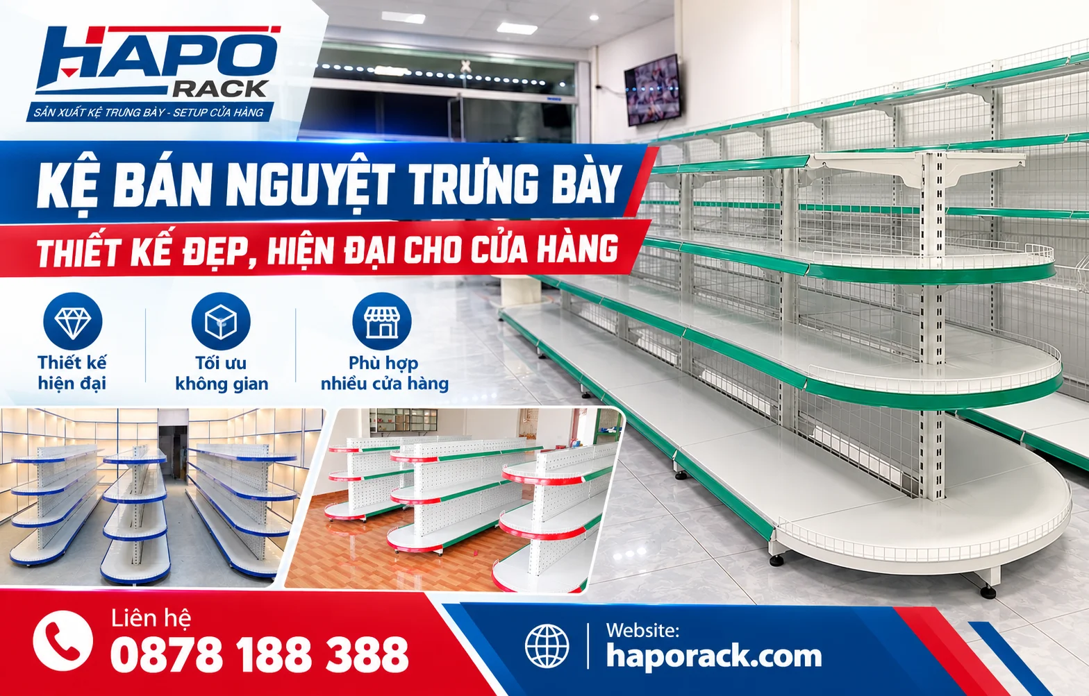 Kệ bán nguyệt trưng bày thiết kế hiện đại, đẹp mắt cho cửa hàng.