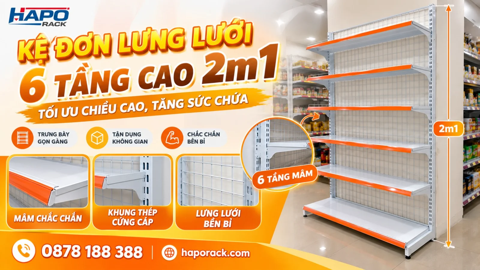 Kệ Đơn Áp Tường Lưng Lưới 6 Tầng 2m1 Tăng Khả Năng Chứa Hàng