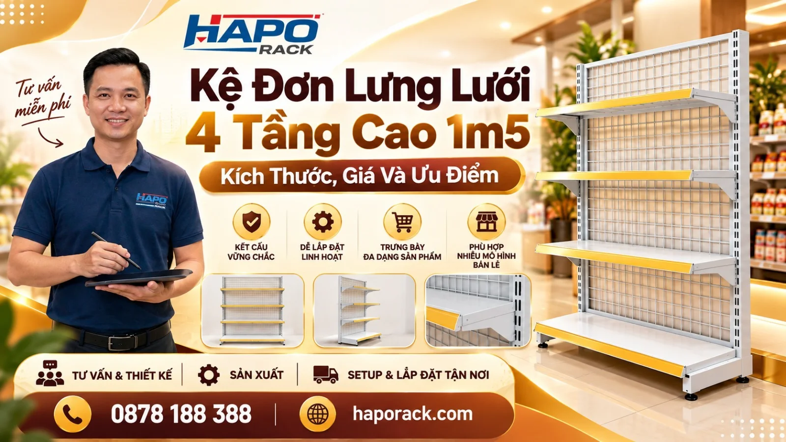 Kệ Đơn Lưng Lưới 4 Tầng 1m5 – Mẫu Kệ Siêu Thị Áp Tường Phổ Biến