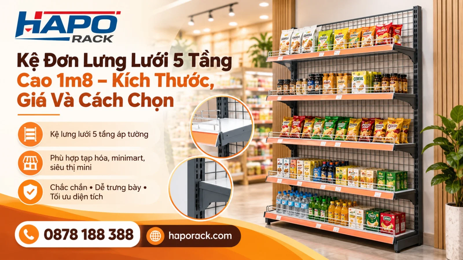 Kệ Đơn Lưng Lưới 5 Tầng Cao 1m8 – Mẫu Kệ Cho Cửa Hàng, Siêu Thị