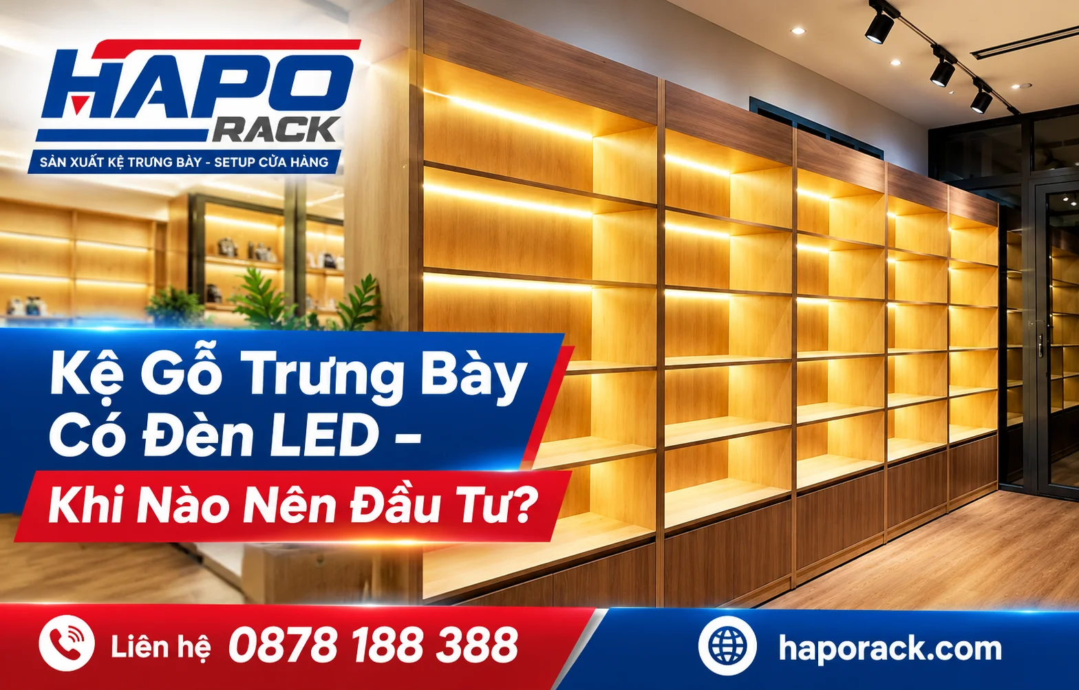 Kệ gỗ trưng bày có đèn LED thiết kế hiện đại cho cửa hàng cao cấp