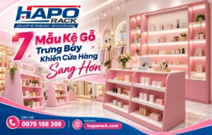 Kệ gỗ trưng bày đẹp giúp cửa hàng sang trọng và hiện đại