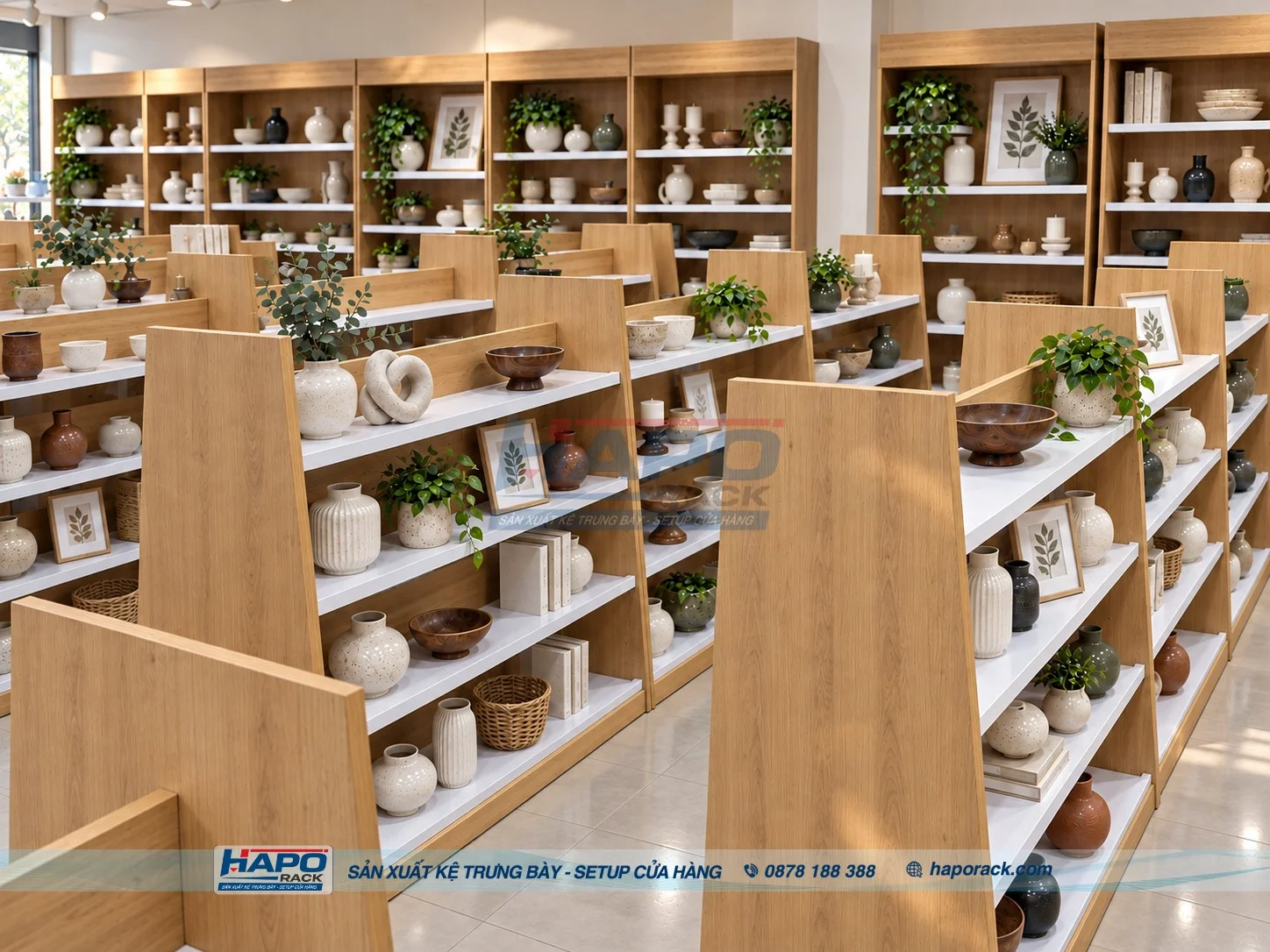 Kệ gỗ trưng bày đồ decor có tủ phía dưới