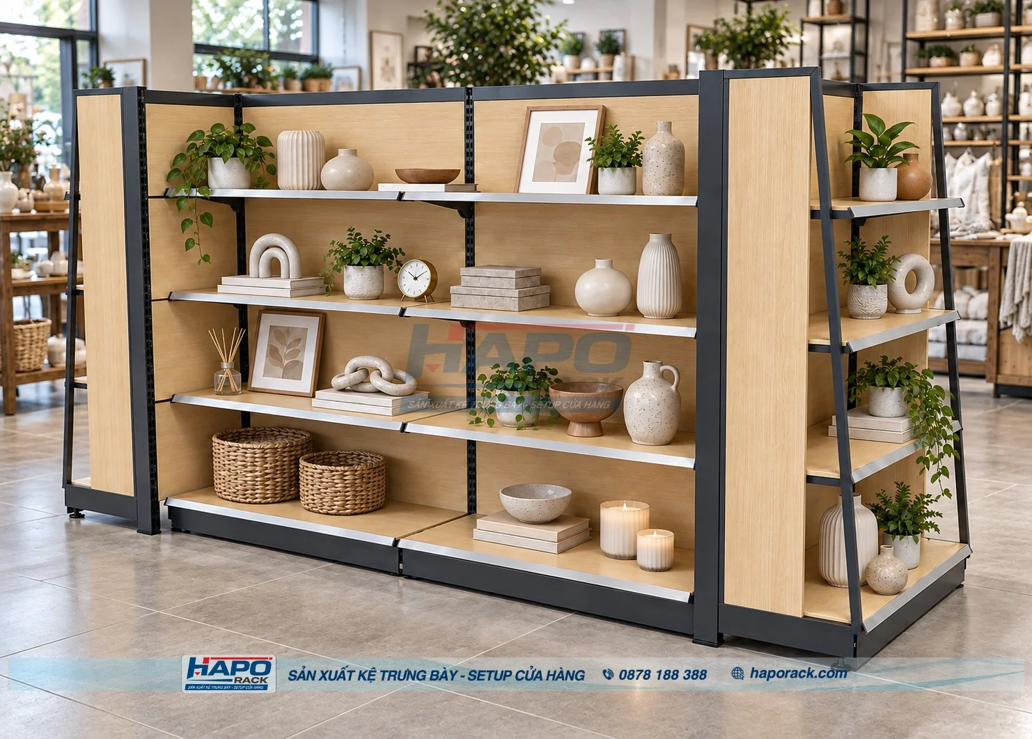 Kệ gỗ trưng bày đồ decor hai mặt giữa nhà