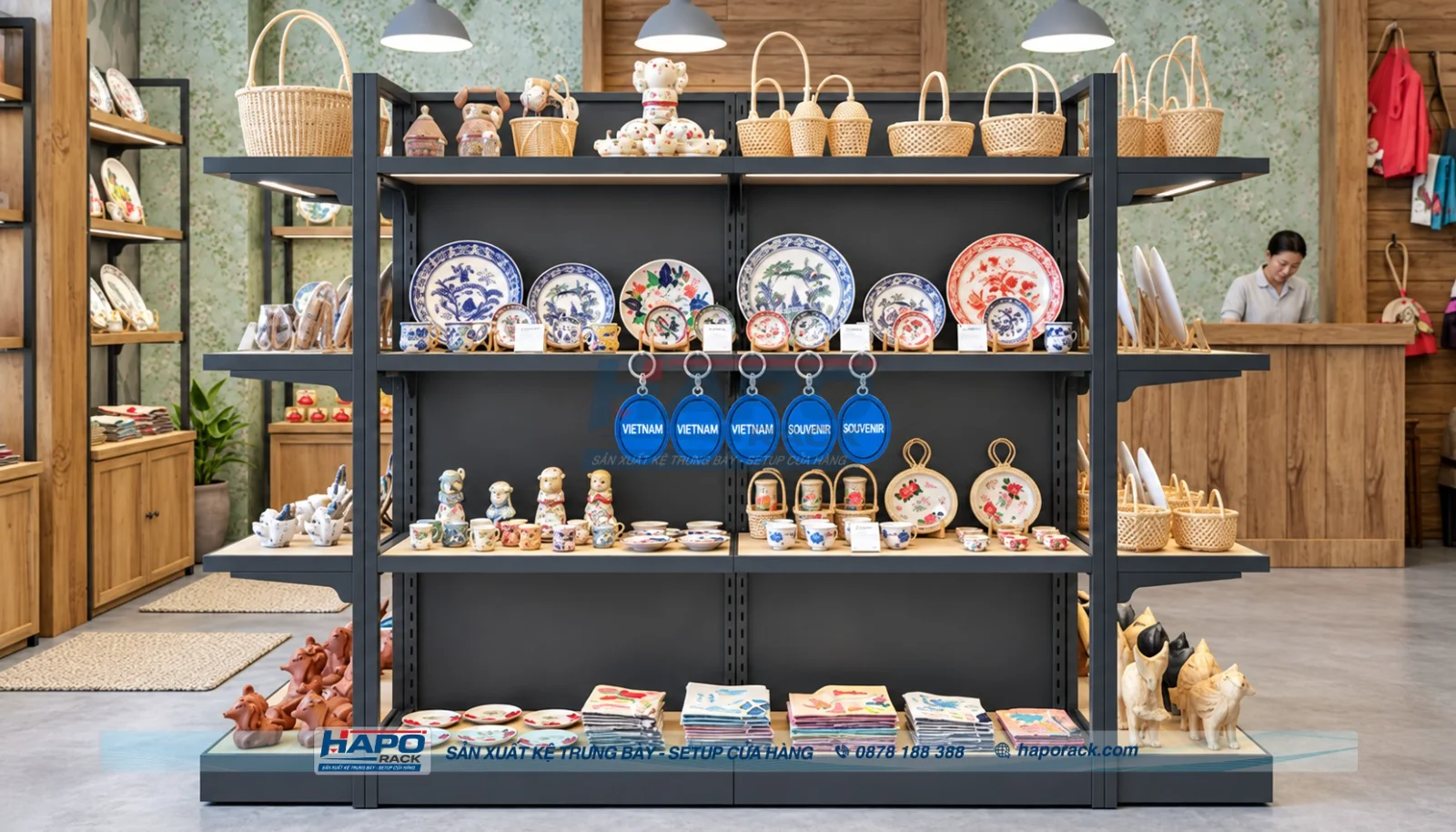 Kệ gỗ trưng bày đồ lưu niệm phong cách vintage
