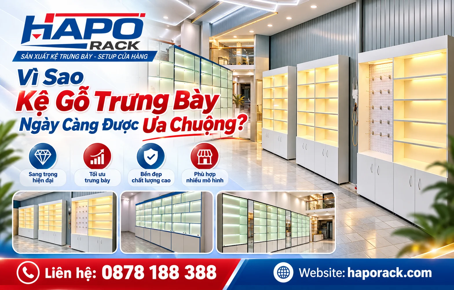 Kệ gỗ trưng bày ngày càng được ưa chuộng trong cửa hàng hiện đại