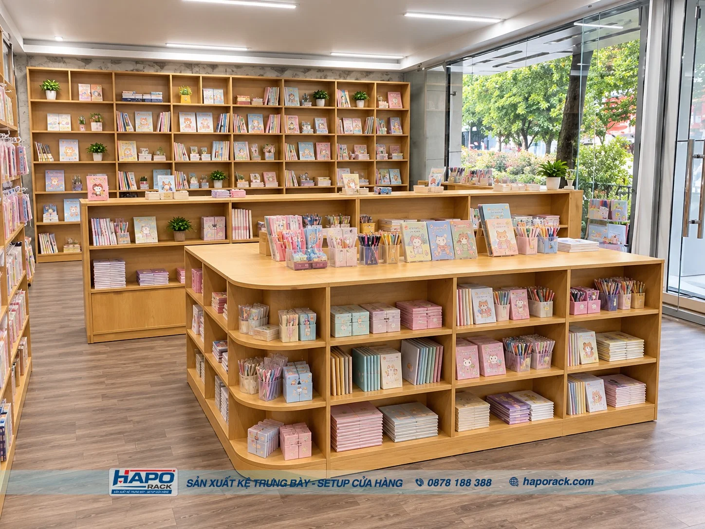 Kệ gỗ trưng bày nhà sách áp tường