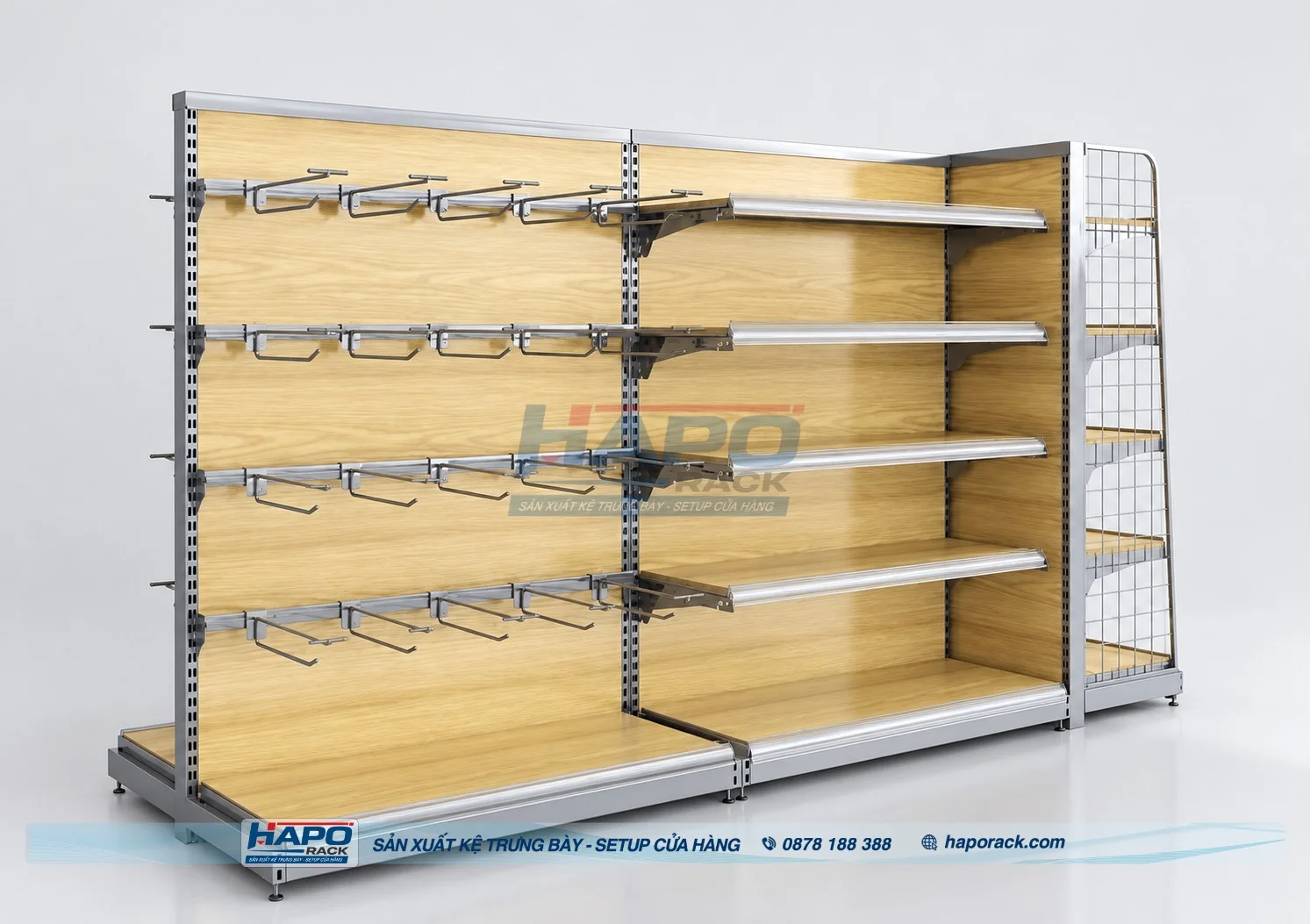 Kệ gỗ trưng bày ốp lưng khung sắt chắc chắn