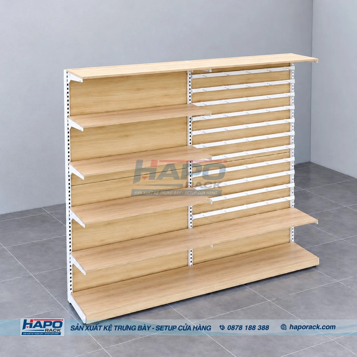 Kệ gỗ trưng bày ốp lưng vân gỗ đẹp