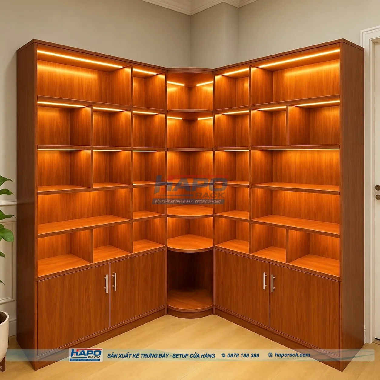 Kệ gỗ trưng bày sản phẩm cao cấp với hệ thống đèn LED âm tầng