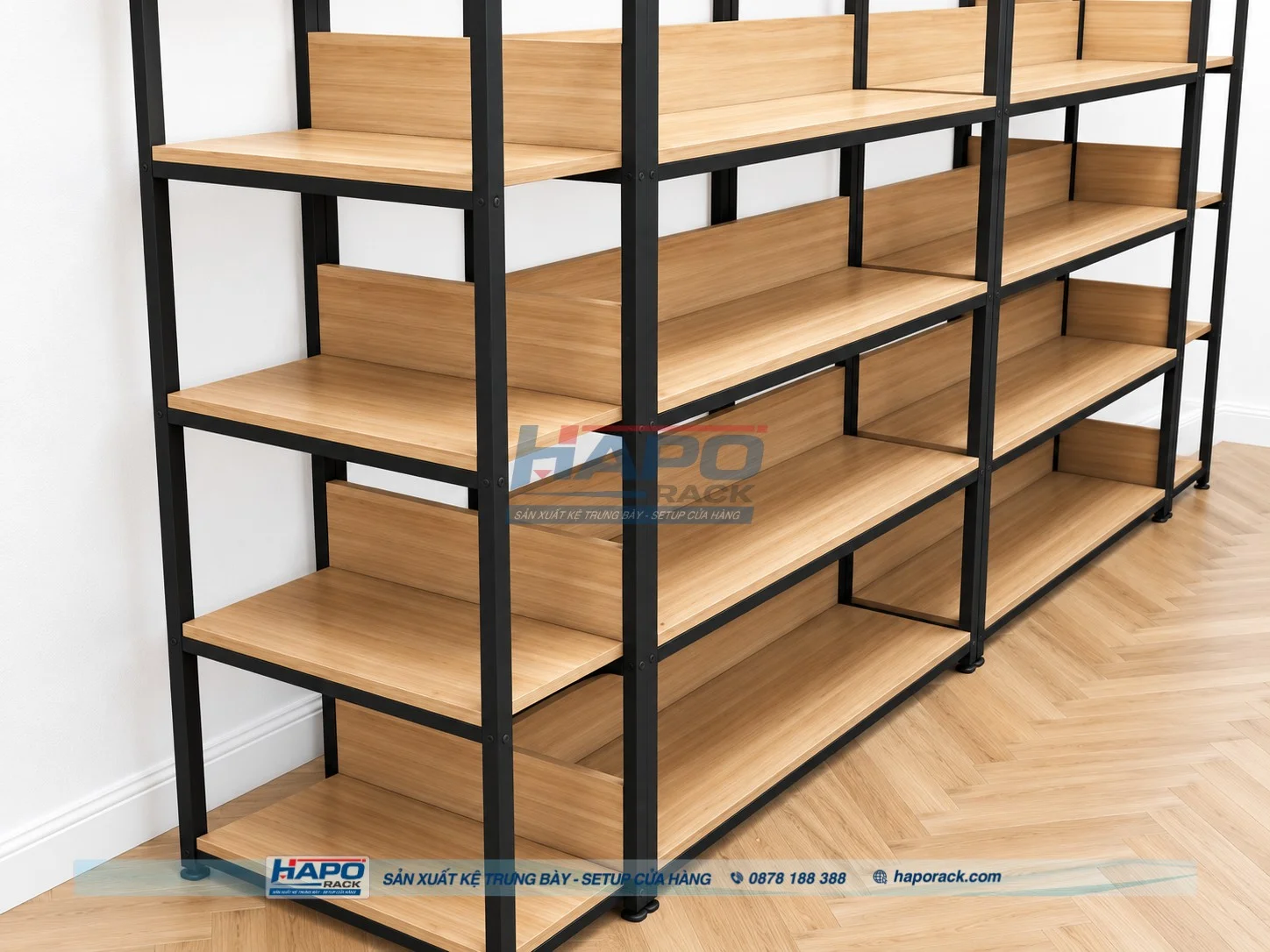 Kệ gỗ trưng bày sản phẩm gọn gàng và chuyên nghiệp