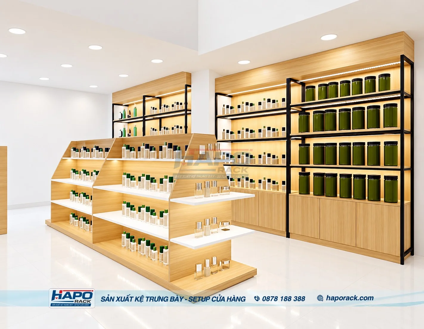 Kệ gỗ trưng bày sản phẩm kết hợp khung sắt chắc chắn và thẩm mỹ.