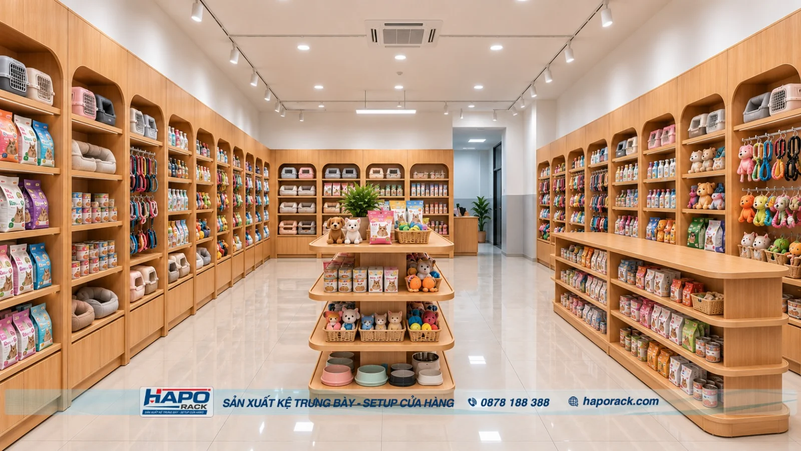 Kệ gỗ trưng bày thức ăn thú cưng