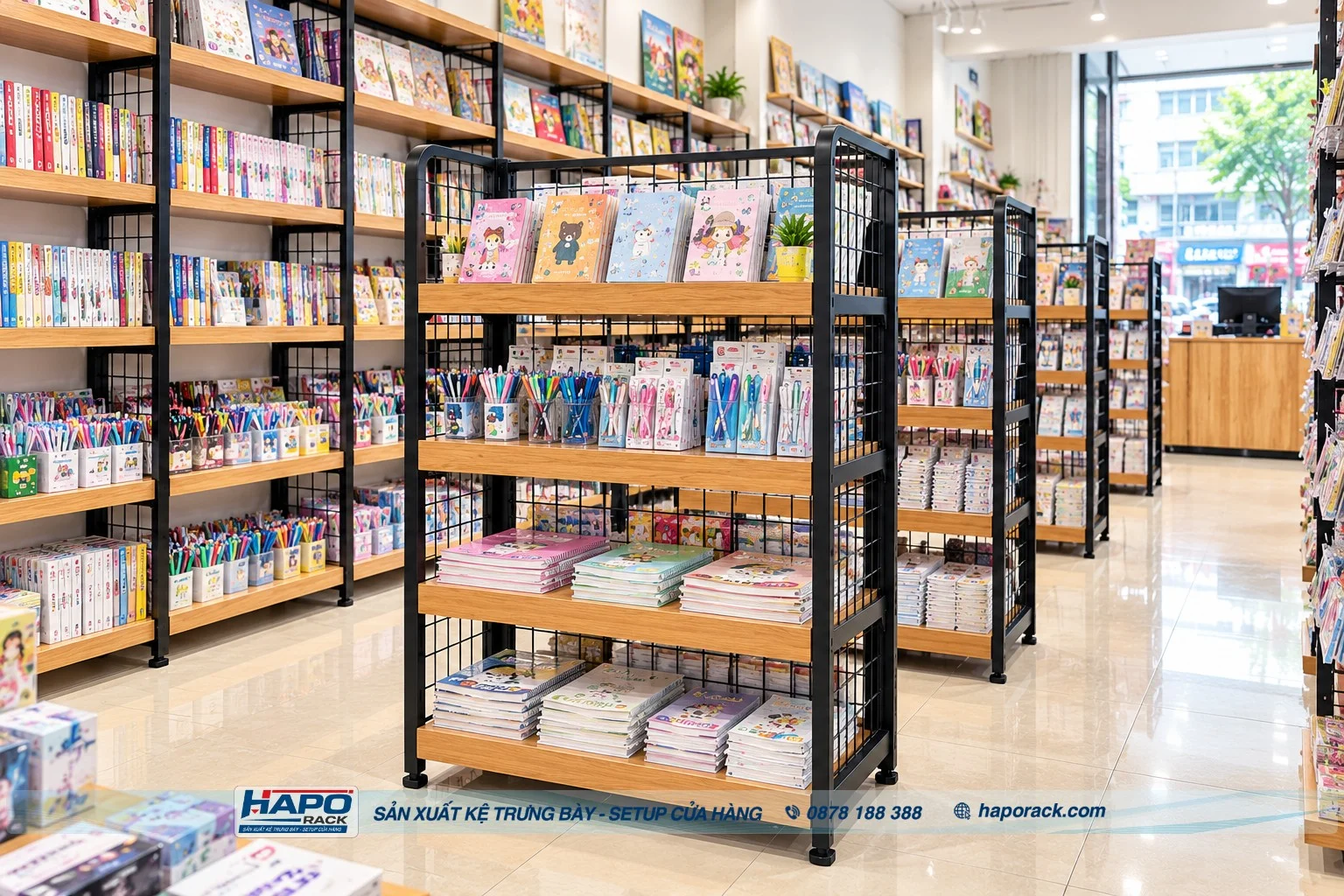Kệ Lưng Lưới Mâm Gỗ 4 Tầng Cho Nhà Sách
