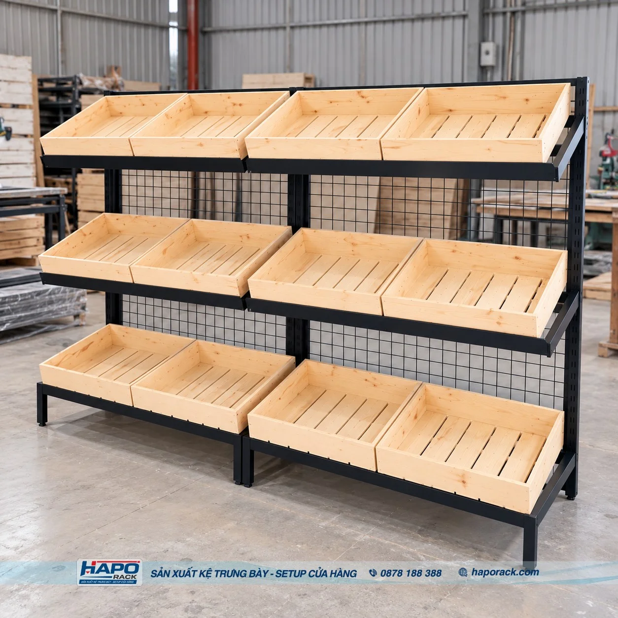 Kệ Trưng Bày Rau Củ Quả Khung Sắt Khay Gỗ