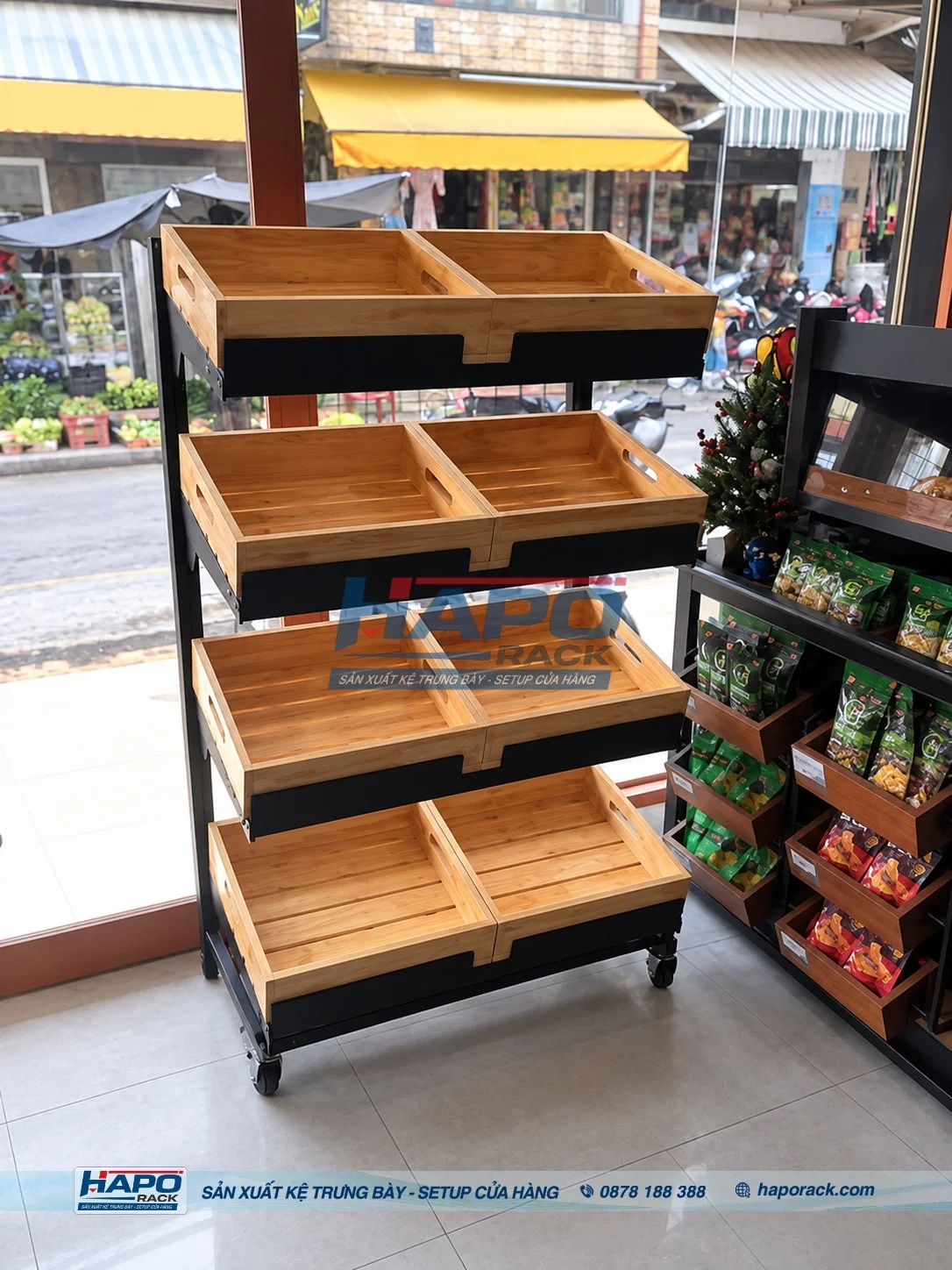Kệ rau củ siêu thị kiểu đảo giữa nhà phù hợp không gian bán hàng hiện đại