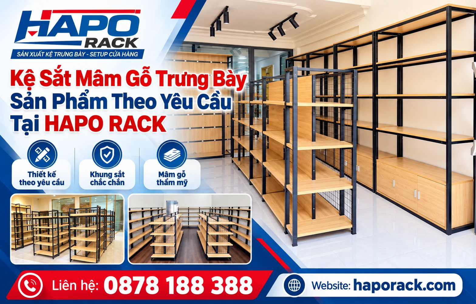 Kệ sắt mâm gỗ trưng bày sản phẩm theo yêu cầu tại HAPO RACK.
