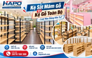 Kệ sắt mâm gỗ và kệ gỗ toàn bộ trong thiết kế không gian cửa hàng hiện đại