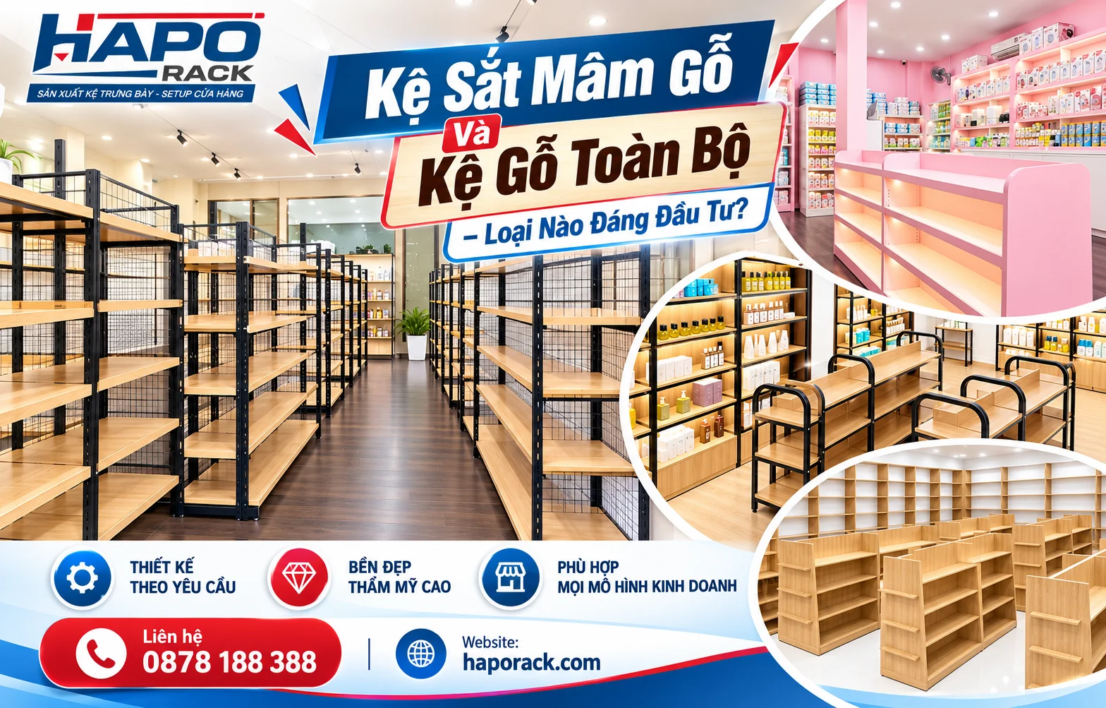 Kệ sắt mâm gỗ và kệ gỗ toàn bộ trong thiết kế không gian cửa hàng hiện đại