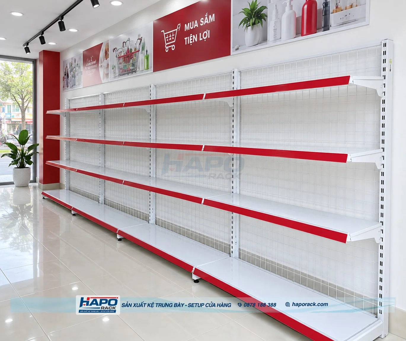 Kệ Siêu Thị Lưng Lưới 4 Tầng Cao 1m5 – Mẫu Kệ Đơn Áp Tường