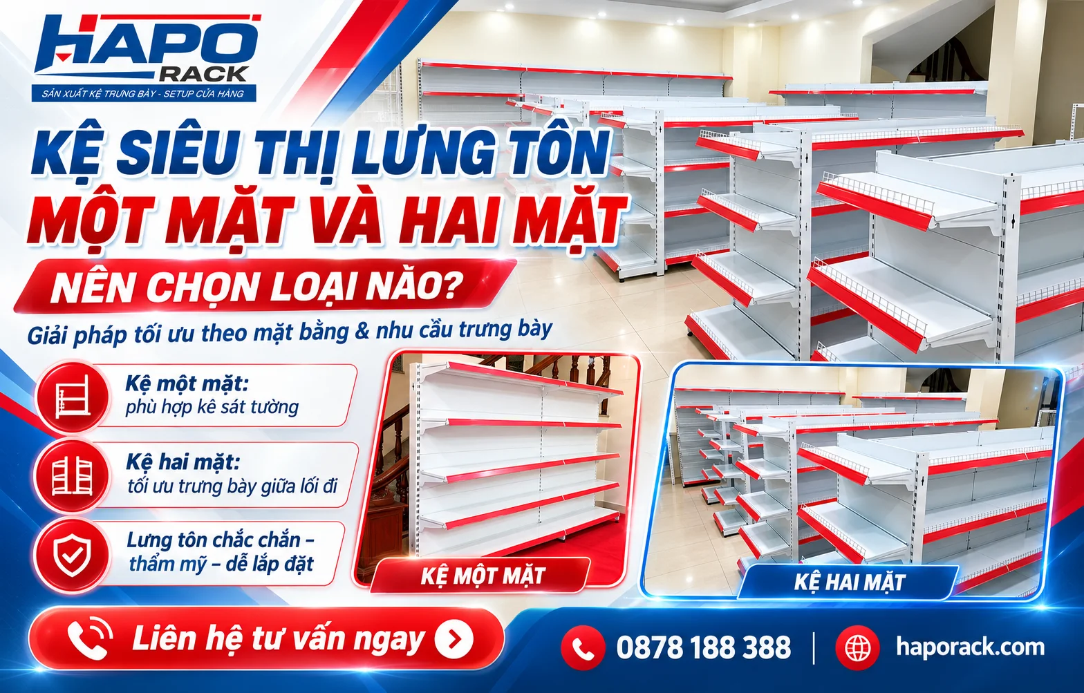 Kệ siêu thị lưng tôn một mặt và hai mặt Haporack thiết kế hiện đại