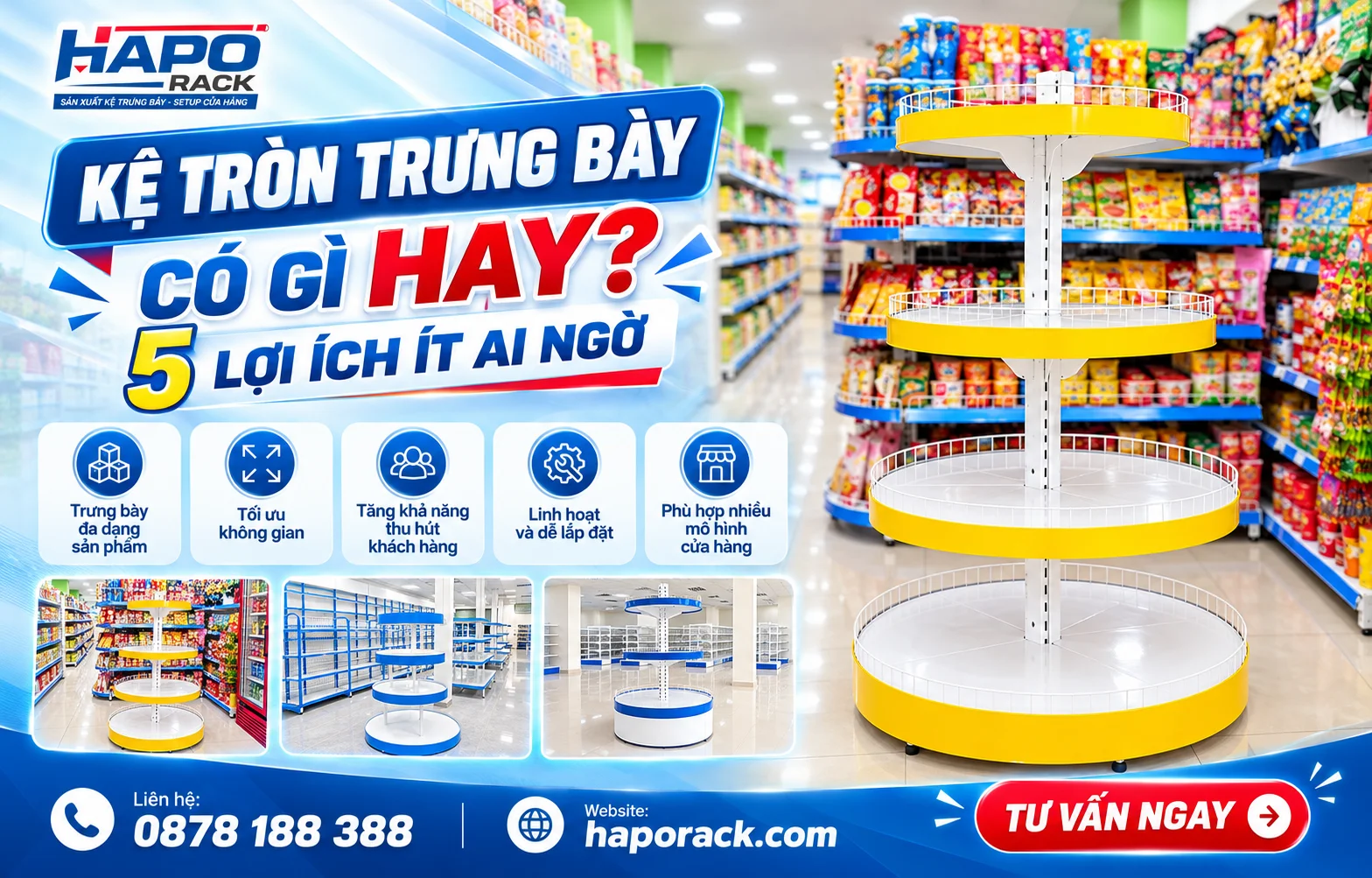 Kệ tròn trưng bày thiết kế hiện đại giúp cửa hàng thêm nổi bật