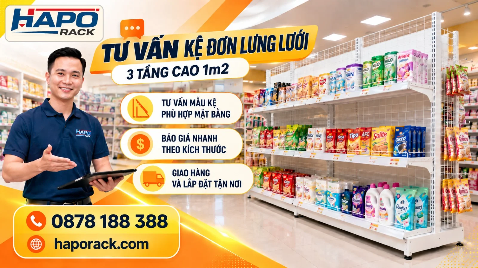 Kệ Trưng Bày 3 Tầng Lưng Lưới Cao 1m2 Gọn Thấp Cho Cửa Hàng