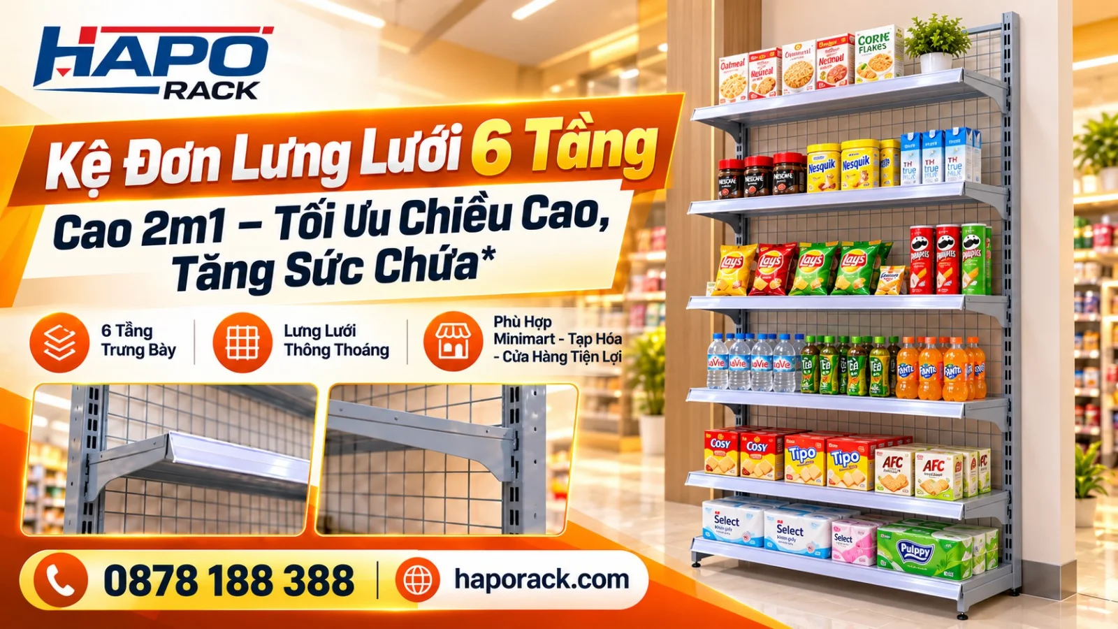 Kệ Trưng Bày 6 Tầng Lưng Lưới Cao 2m1 Tối Ưu Mặt Bằng Cửa Hàng