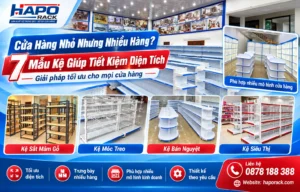 Kệ trưng bày cửa hàng nhỏ giúp tối ưu diện tích và sắp xếp hàng hóa gọn gàng.